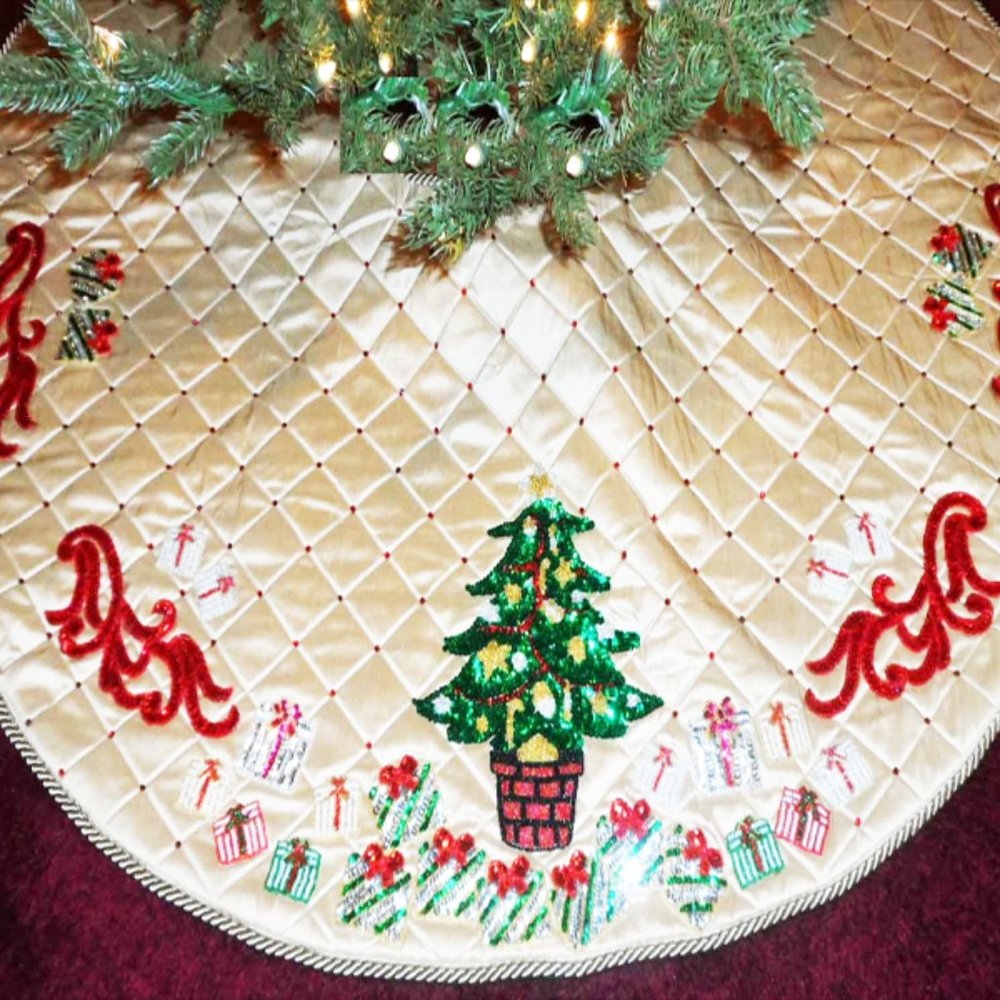 Round Silk Christmas Tree Skirt with Christmas Tree and Gift Boxes-50"